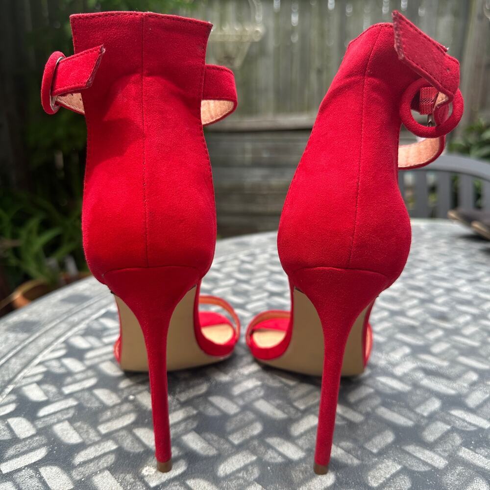 Liliana Red Open Toe Velvet Ankle Strap High Heel Sandal Pump Size 9 Stiletto - Picture 4 of 16